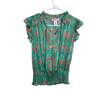 Rachel Zoe Blouse Women's XS V-Neck Metallic Floral Lightweight Ruffle Shirt Top
